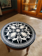 Round Black Marble Coffee Dining Table Top | Handmade Mother of Pearls Inlay Floral Pietra Dura Art | Decorative Gemstone Furniture Unique Handicrafts IND