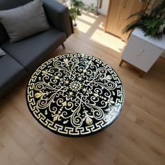 Elegant Handmade Black Marble Round Table Top | Mother of Pearl Floral Inlay | Pietra Dura Art Coffee Dining Furniture Unique Handicrafts IND
