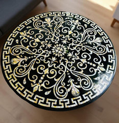 Elegant Handmade Black Marble Round Table Top | Mother of Pearl Floral Inlay | Pietra Dura Art Coffee Dining Furniture Unique Handicrafts IND