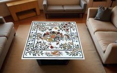 Luxury White Marble Square Table – Pietra Dura Semi-Precious Inlay Furniture Unique Handicrafts IND