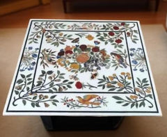 Luxury White Marble Square Table – Pietra Dura Semi-Precious Inlay Furniture Unique Handicrafts IND