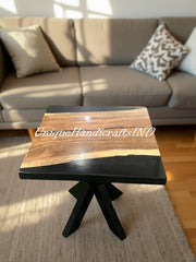 Walnut Epoxy Square Table – Black Resin Coffee, Side, or Center Table Unique Handicrafts IND