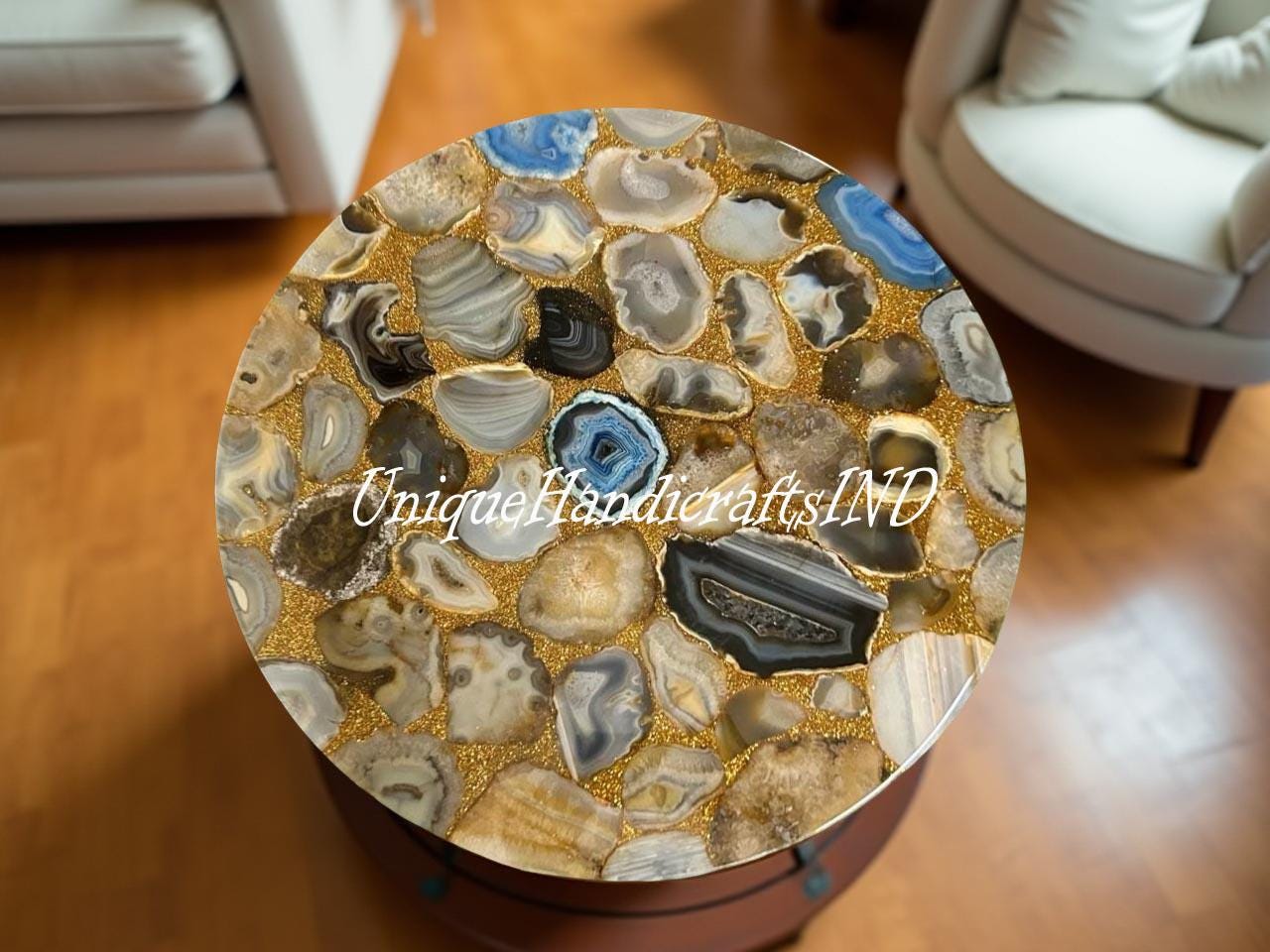 Mix Agate Stone Table – Small Agate End Table – Natural Agate Coffee Table – Gemstone Accent Table – Unique Crystal Home Decor Unique Handicrafts IND