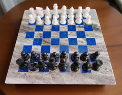 Luxury Marble Stone Chess Board – Lapis Lazuli Inlay Mosaic – Handmade Stone Art Game Set – Decorative Gift for Him Unique Handicrafts IND