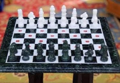 Antique Green Marble Chess Set Table With Chess Pieces And Wooden Stand Floral & Mosaic Arts Collectible Gifts For Dad Unique Handicrafts IND