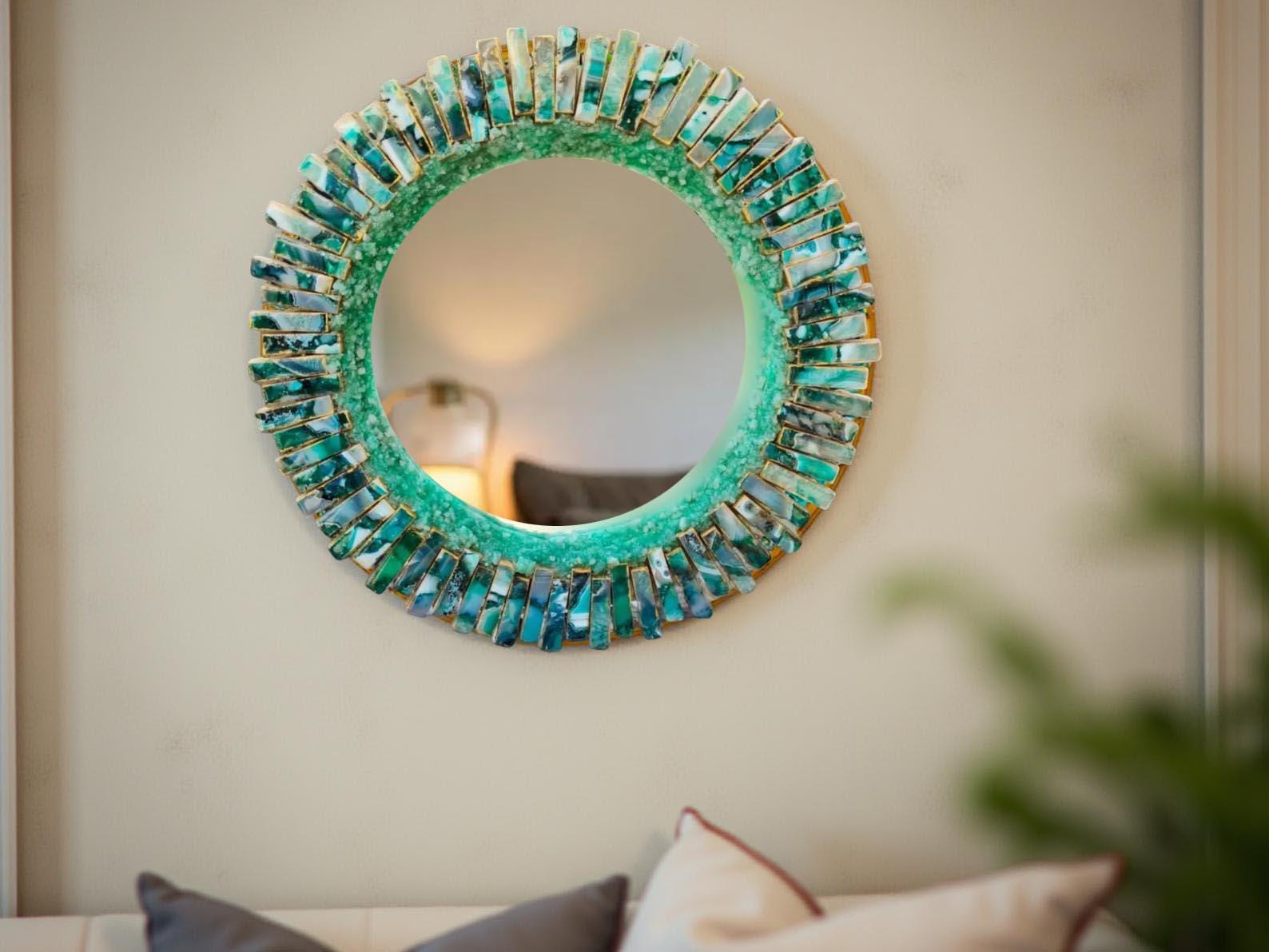 Green Agate Crystal Wall Mirror | Quartz Gemstone Mirror for Home & Office | Handmade Boho Wall Decor | Healing Stone Accent Mirror Gift Unique Handicrafts IND