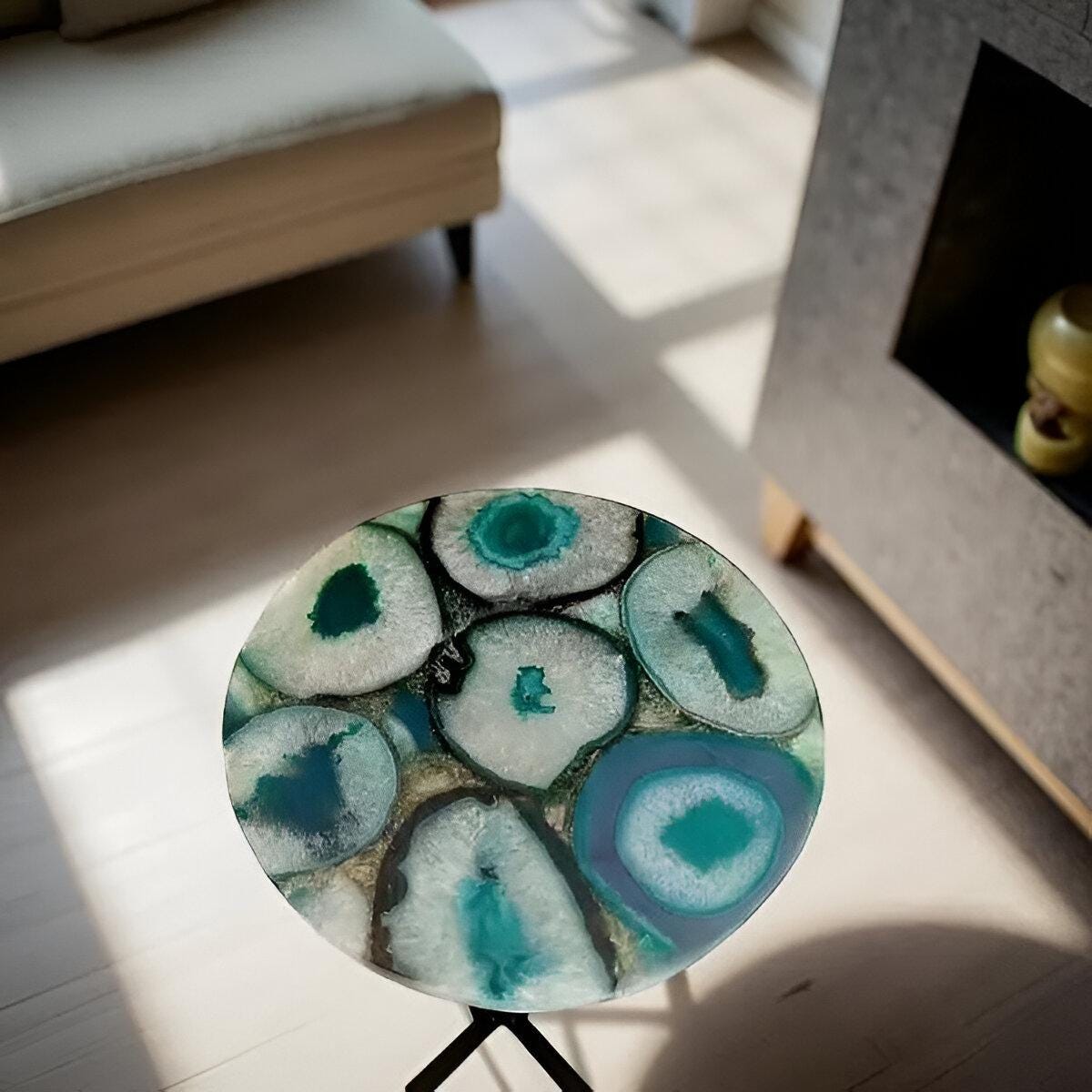 Luxury Green Agate End Table – Round Handmade Stone Furniture, Home Decor Art, Personalized Gift Idea Unique Handicrafts IND