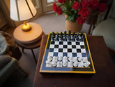 Luxurious Black Marble Chess Set with Yellow Inlay Mosaic - Stunning Art Collectible for Fathers Day Gift Unique Handicrafts IND