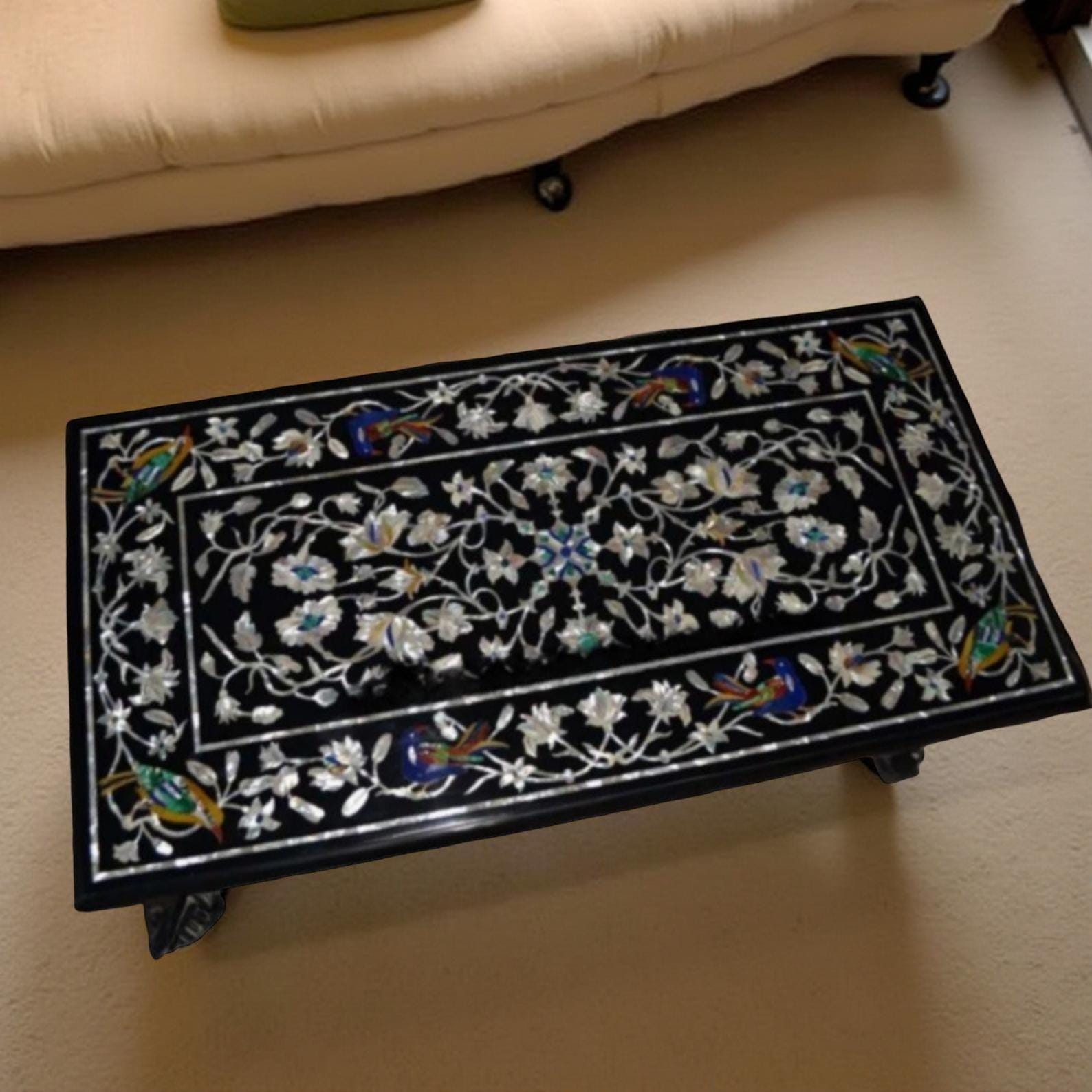 Black Marble Center Table Top with Mother of Pearl Inlay – Birds & Floral Marquetry Art – Handmade Stone Furniture for Home Décor Unique Handicrafts IND