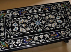 Black Marble Center Table Top with Mother of Pearl Inlay – Birds & Floral Marquetry Art – Handmade Stone Furniture for Home Décor Unique Handicrafts IND