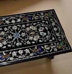 Black Marble Center Table Top with Mother of Pearl Inlay – Birds & Floral Marquetry Art – Handmade Stone Furniture for Home Décor Unique Handicrafts IND