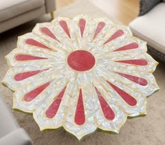 Mother of Pearl & Rose Quartz Coffee Table | Flower Shape Handmade Inlay Stone Art | Luxury Gemstone Furniture for Interior Decor Unique Handicrafts IND