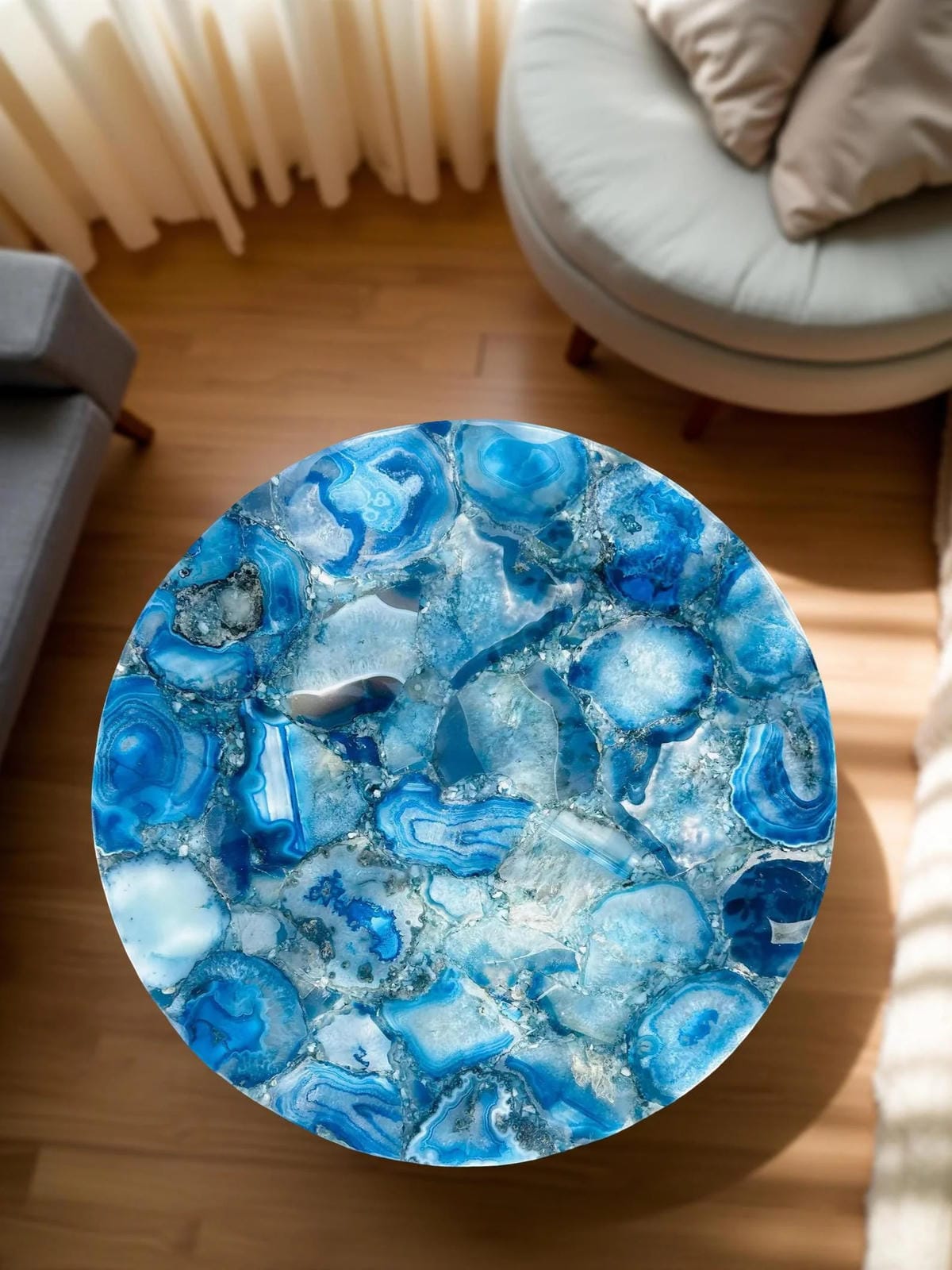 Beautiful Blue Agate Coffee Table | Round Natural Stone Table Handmade | Modern Luxury Gemstone Furniture for Home Decor Unique Handicrafts IND