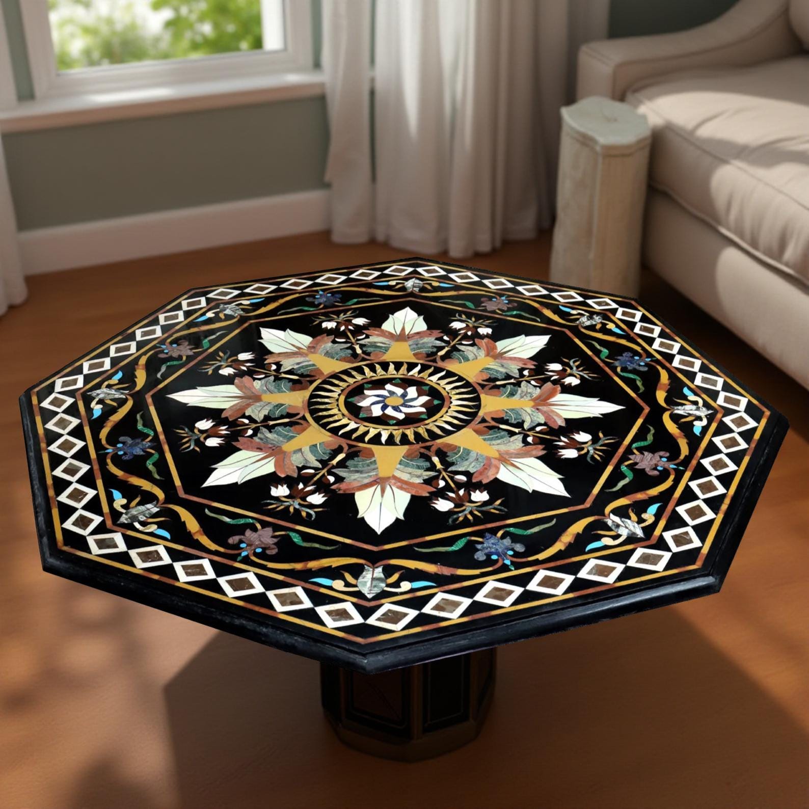Black Marble Center Table Top – Handmade Marquetry Floral Design with Semi-Precious Stone Inlay – Luxury Furniture for Home Décor Unique Handicrafts IND