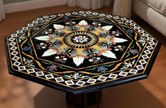 Black Marble Center Table Top – Handmade Marquetry Floral Design with Semi-Precious Stone Inlay – Luxury Furniture for Home Décor Unique Handicrafts IND