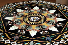 Black Marble Center Table Top – Handmade Marquetry Floral Design with Semi-Precious Stone Inlay – Luxury Furniture for Home Décor Unique Handicrafts IND