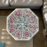 White Marble Side Table Top – Rose Quartz Inlay Floral Pietra Dura Art – Semi-Precious Handmade Decor – Wedding Gift for Her Unique Handicrafts IND