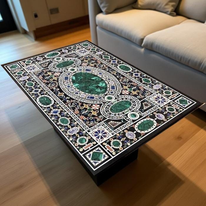 Black Marble Center Table Top – Handmade Malachite Marquetry Inlay – Semi-Precious Stone Art – Luxury Interior Home Decor Unique Handicrafts IND