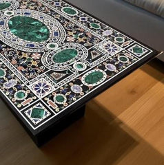 Black Marble Center Table Top – Handmade Malachite Marquetry Inlay – Semi-Precious Stone Art – Luxury Interior Home Decor Unique Handicrafts IND