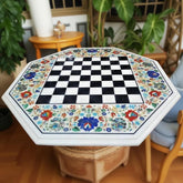 Marble Inlay Chess Table Top – Semi-Precious Floral and Birds Design, Handmade Decorative Art, Personalized Gift for Him & Her Unique Handicrafts IND