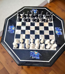 Black Marble Chess Board Set with Lapis Lazuli and Mother of Pearl Inlay – Elephant Art Design, Personalized Gift for Him & Her Unique Handicrafts IND