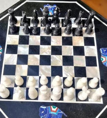 Black Marble Chess Board Set with Lapis Lazuli and Mother of Pearl Inlay – Elephant Art Design, Personalized Gift for Him & Her Unique Handicrafts IND