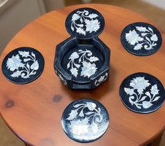 Black Marble Coaster Set Handmade | Mother of Pearl Inlay Floral Art Gift for Him, Father's Day & Home Decor Unique Handicrafts IND