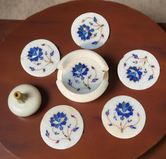 Handmade White Marble Coasters | Lapis Lazuli Inlay Floral Design Gift for Father's Day & Home Unique Handicrafts IND