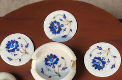 Handmade White Marble Coasters | Lapis Lazuli Inlay Floral Design Gift for Father's Day & Home Unique Handicrafts IND