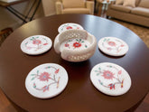 Handmade White Marble Coasters | Carnelian Stone Floral Inlay Art Gift for Him & Home Decor Unique Handicrafts IND