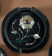 Luxury Black Marble Coaster Set | Mother of Pearl Inlay Barware Gift for Him & Office Decor Unique Handicrafts IND