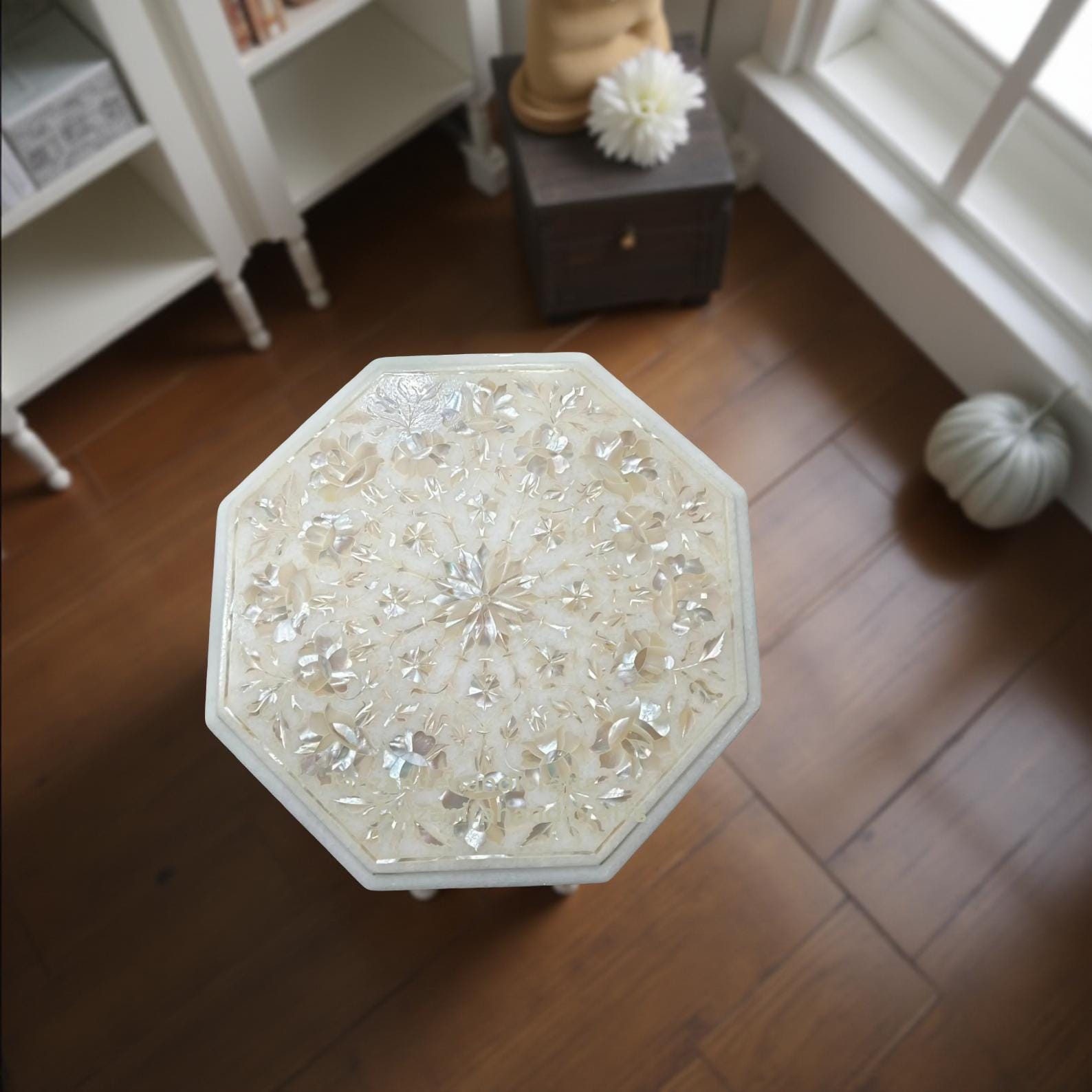 Mother of Pearl Inlay Marble Table Top | Floral Marquetry Art | Handmade Coffee Table Furniture Unique Handicrafts IND