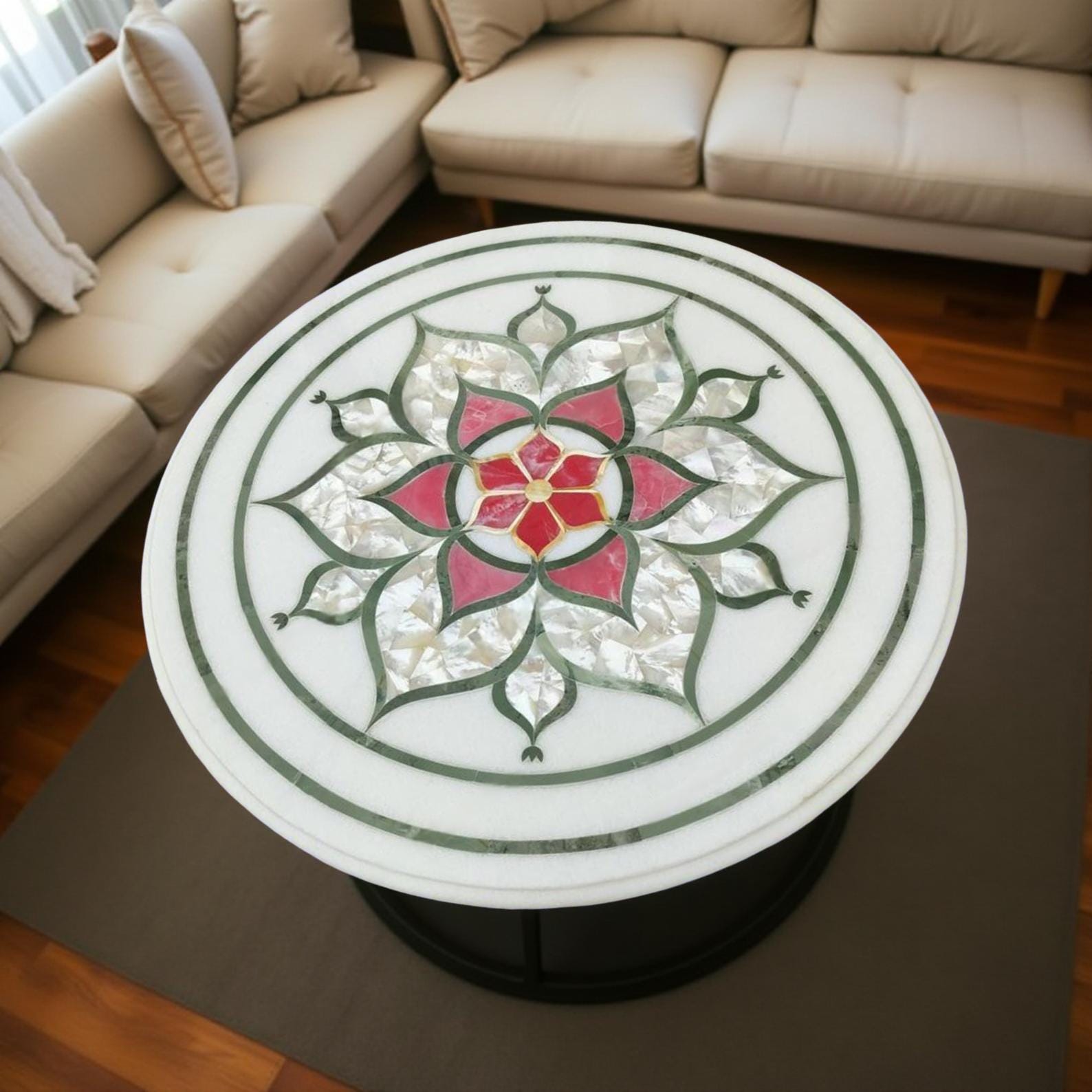 Mother of Pearl & Pink Inlay Marble Table Top | Floral Marquetry Art | Handmade Coffee Table Furniture Unique Handicrafts IND