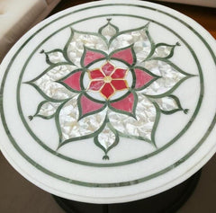 Mother of Pearl & Pink Inlay Marble Table Top | Floral Marquetry Art | Handmade Coffee Table Furniture Unique Handicrafts IND