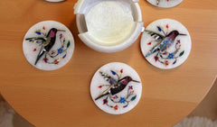 Handcrafted White Marble Coaster Set for Coffee Cup | Semi-Precious Inlay Birds & Floral Art | Handmade Gift for Him Unique Handicrafts IND