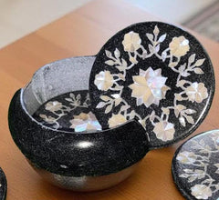 Black Marble Coaster Set with Mother of Pearl Inlay | Handmade Floral Art | Unique Gift for Loved One Unique Handicrafts IND