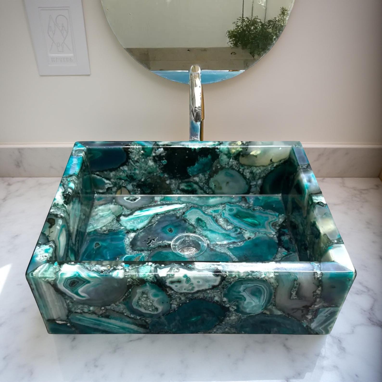 Green Agate Bathroom Sink | Natural Gemstone Wash Basin | Handmade Crystal Vanity Bowl | Luxury Stone Sink for Kitchen Decor Unique Handicrafts IND
