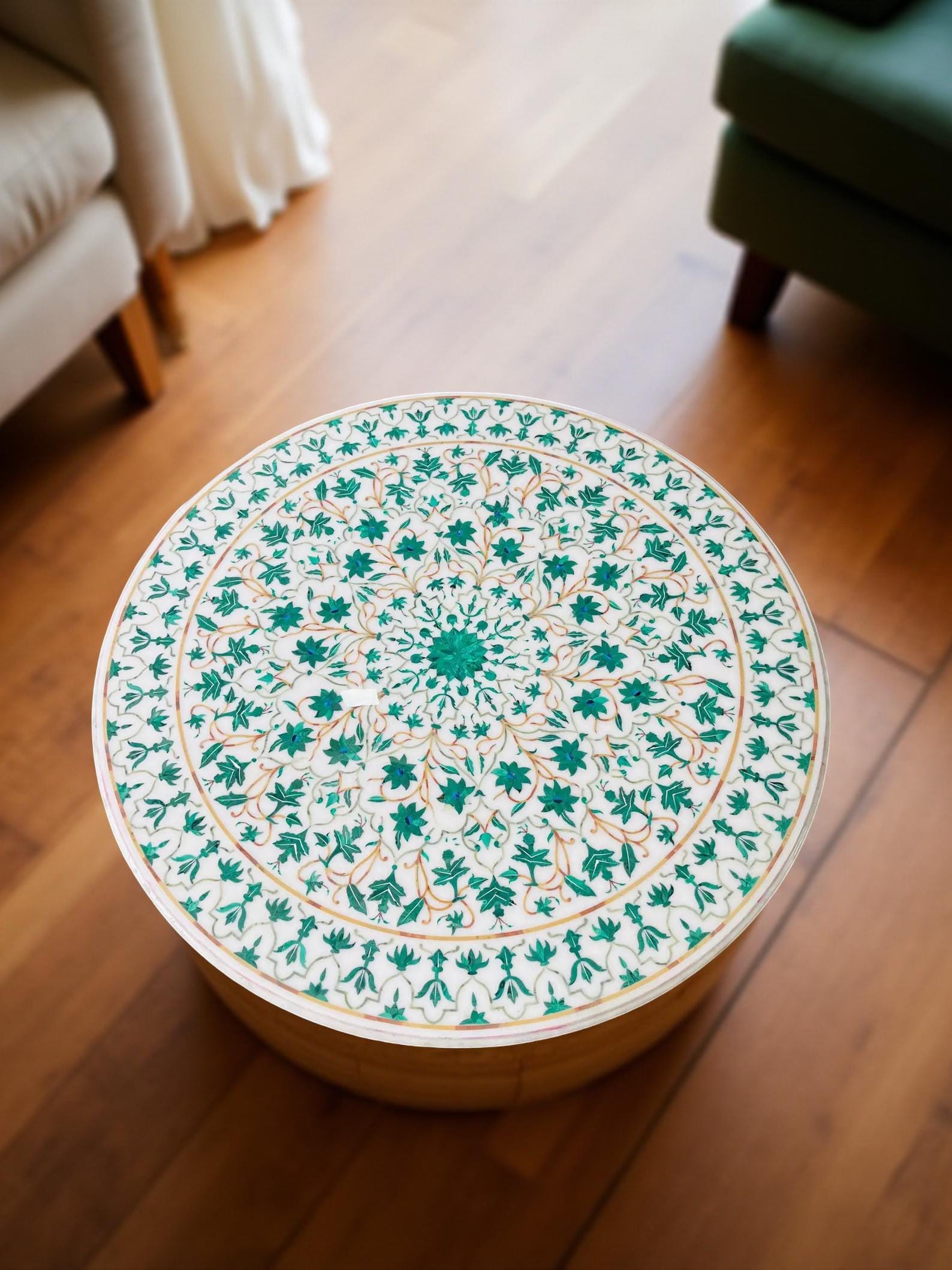 Luxury White Marble Center Table with Malachite Floral Inlay – Handmade Home Furniture Unique Handicrafts IND