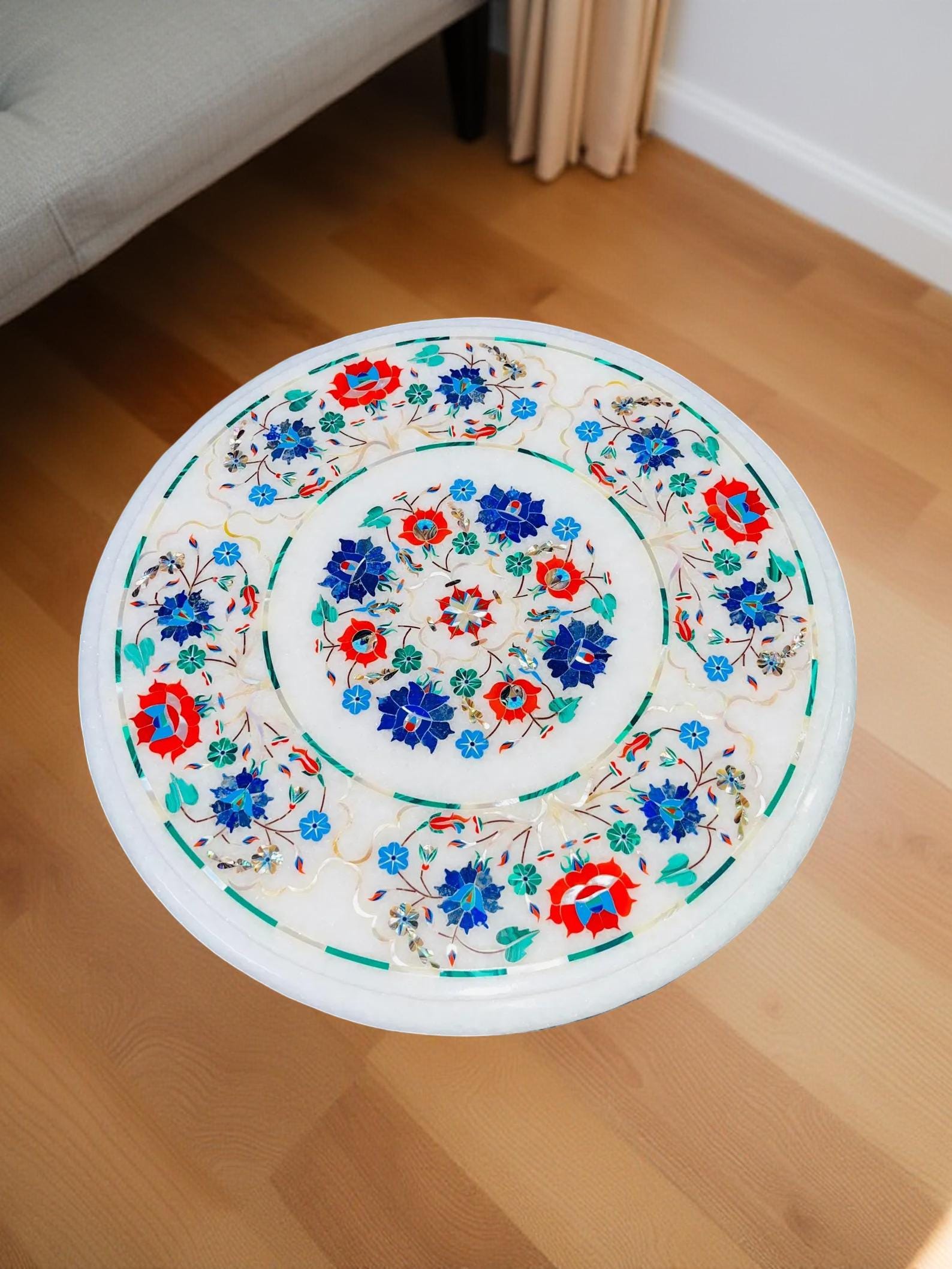 Buy White Marble Side Table Top with Lapis Lazuli Semi-Precious Inlay – Floral Pietradura Handmade Furniture for Home Decor Unique Handicrafts IND