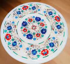 Buy White Marble Side Table Top with Lapis Lazuli Semi-Precious Inlay – Floral Pietradura Handmade Furniture for Home Decor Unique Handicrafts IND