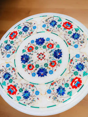 Buy White Marble Side Table Top with Lapis Lazuli Semi-Precious Inlay – Floral Pietradura Handmade Furniture for Home Decor Unique Handicrafts IND