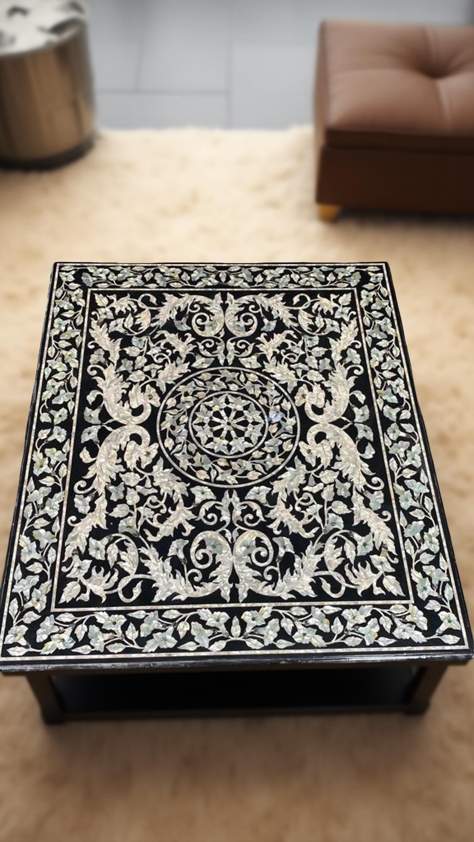Elegant Marble Inlay Dining Table – MOP Inlaid Black Marble Table Top – Luxury Stone Art Decor Unique Handicrafts IND