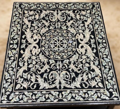 Elegant Marble Inlay Dining Table – MOP Inlaid Black Marble Table Top – Luxury Stone Art Decor Unique Handicrafts IND