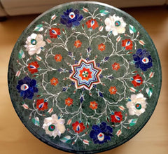 Elegant Round Green Marble Coffee Table – Semi-Precious Pietradura Art – Luxury Home & Office Decor Unique Handicrafts IND
