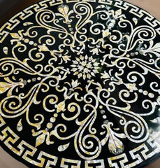 Elegant Handmade Black Marble Round Table Top | Mother of Pearl Floral Inlay | Pietra Dura Art Coffee Dining Furniture Unique Handicrafts IND