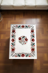White Marble Coffee Table | Handmade Carnelian Inlay | Semi Precious Stone Floral Art | Decorative Interior Furniture | Luxury Home Decor Unique Handicrafts IND