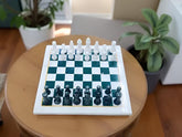 Luxurious White Marble Chess Set with Pieces – Malachite Inlay Mosaic Stone Art | Gift for Him Unique Handicrafts IND