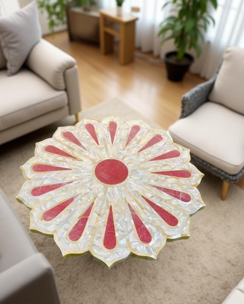 Mother of Pearl & Rose Quartz Coffee Table | Flower Shape Handmade Inlay Stone Art | Luxury Gemstone Furniture for Interior Decor Unique Handicrafts IND