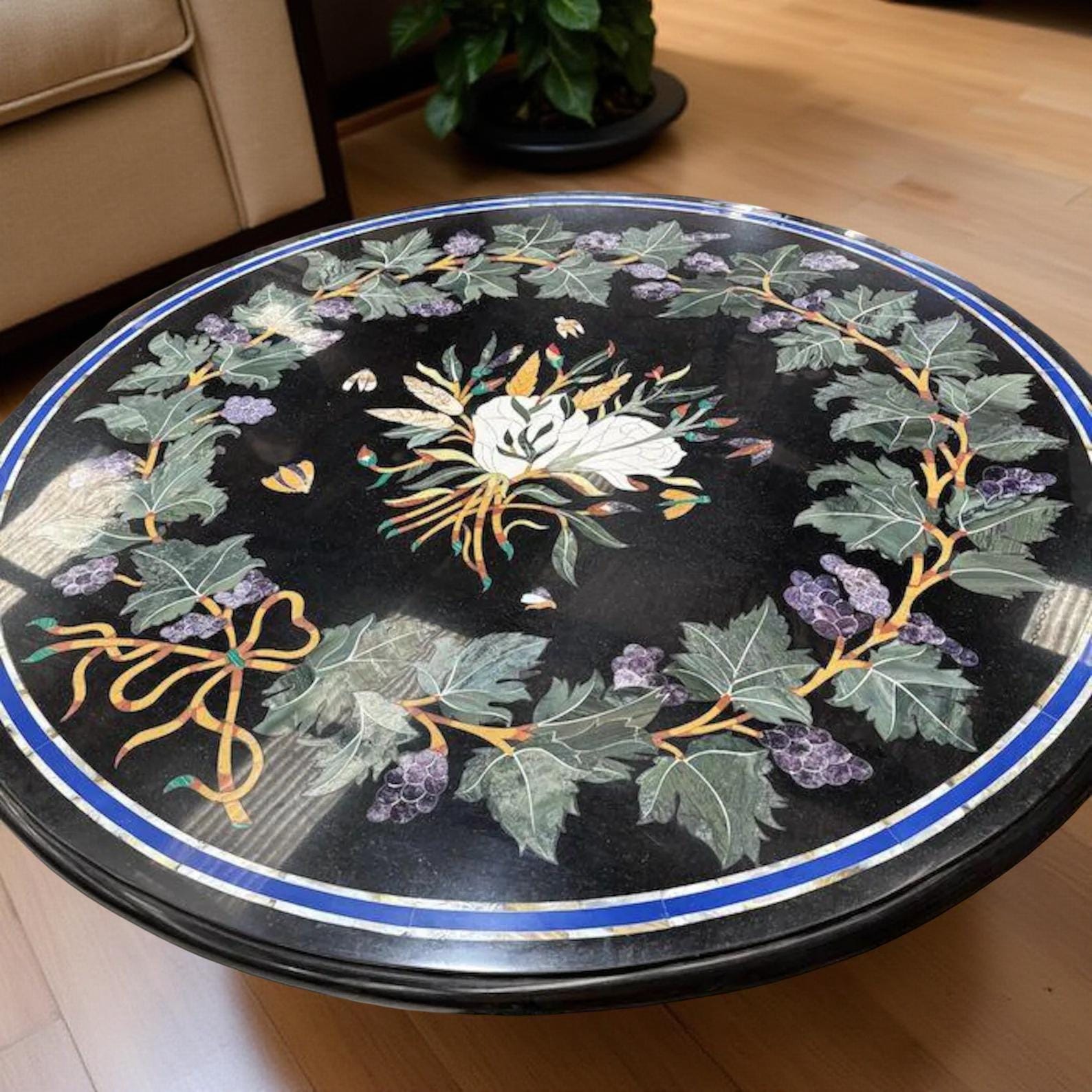Black Marble Center Table – Semi-Precious Stone Inlay Pietra Dura Floral Art – Handmade Luxury Home Decor Furniture Unique Handicrafts IND