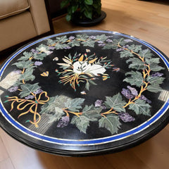 Black Marble Center Table – Semi-Precious Stone Inlay Pietra Dura Floral Art – Handmade Luxury Home Decor Furniture Unique Handicrafts IND